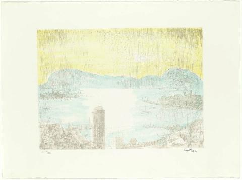 Artwork Mid morning - 'A day on the Derwent' 4 (from 'Sandy Bay Set') this artwork made of Colour lithograph, transfer paper to three aluminium plates on paper, created in 1984-01-01