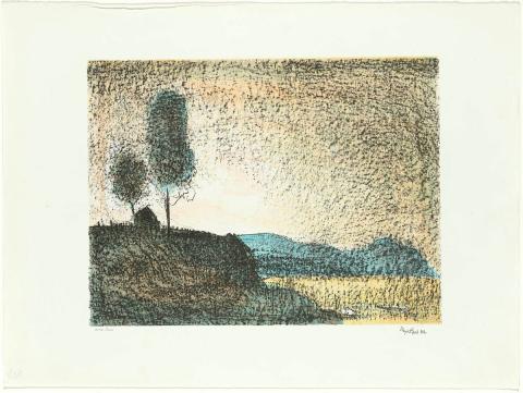 Artwork Sunset - 'A day on the Derwent' 9 (from 'Sandy Bay Set') this artwork made of Colour lithograph, transfer paper to four aluminium plates on paper, created in 1984-01-01