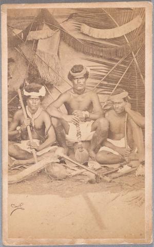 Artwork Three New Caledonian men this artwork made of Albumen photograph on paper mounted on card, created in 1865-01-01