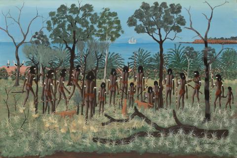 Artwork First Missionary, Mornington Island this artwork made of Synthetic polymer paint on composition board, created in 1977-01-01