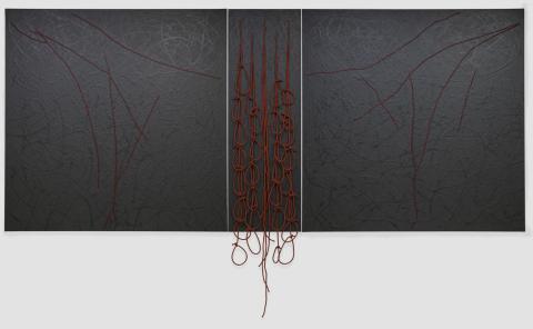 Artwork Bloodlines this artwork made of Synthetic polymer paint and rope on canvas on wood, created in 1993-01-01