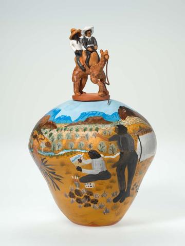 Artwork Rex and Albert painting in Palm Valley this artwork made of Earthenware, hand-built terracotta clay with underglaze colours and applied decoration. leather