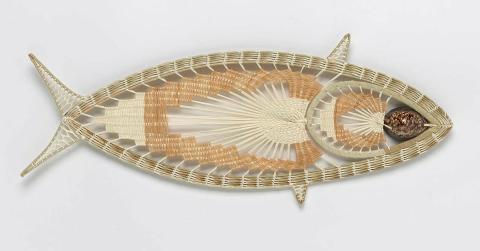 Artwork Ek (fish) this artwork made of Teneriffe needlework: coconut fibre and rib, pandanus leaf, raffia and shells, created in 2019-01-01