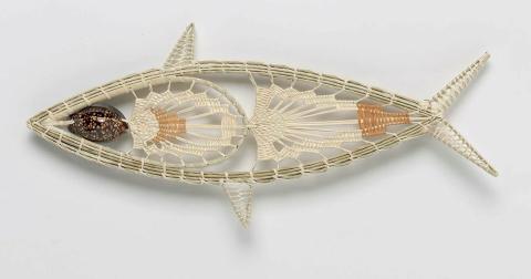 Artwork Ek (fish) this artwork made of Teneriffe needlework: coconut fibre and rib, pandanus leaf, raffia and shells, created in 2019-01-01