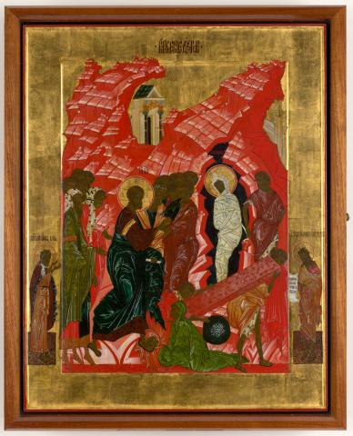 Artwork The rising of Lazarus (Lazarus of the four days in the tomb) this artwork made of Egg tempera, 24k gold leaf and gesso on beech wood panel, created in 2013-01-01