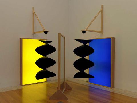 Artwork Pepper’s ghost, wind turners, blue and yellow this artwork made of Acrylic, foam core, steel, reflective tinting, LEDs, motor, paint, wood, vinyl, created in 2018-01-01