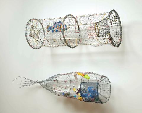 Artwork Once were Fishermen I this artwork made of Barbed wire, wire mesh, enamel paint, food packaging and household debris, created in 2014-01-01