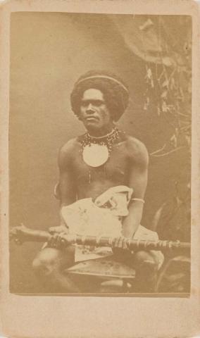 Artwork Man from inland Viti Levu (Cai Kolo mountain people) this artwork made of Albumen photograph on paper mounted on card