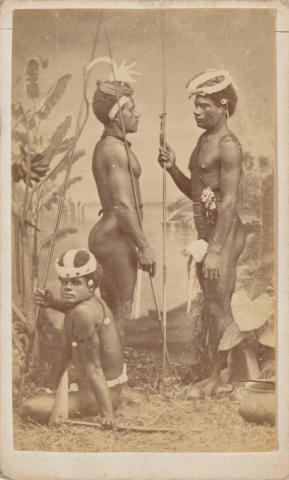 Artwork (Three New Caledonian men) this artwork made of Albumen photograph on paper mounted on card, created in 1870-01-01