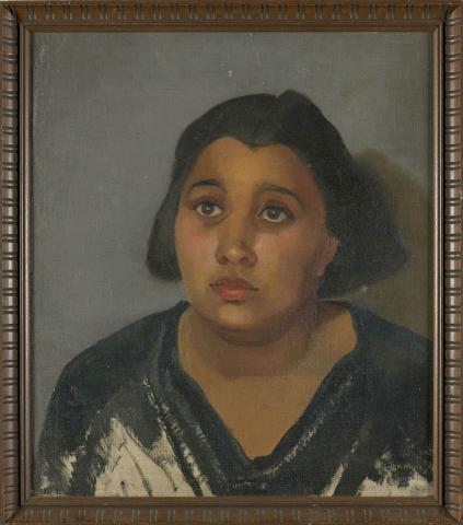 Artwork (Portrait of a woman) this artwork made of Oil on canvas mounted on board, created in 1936-01-01