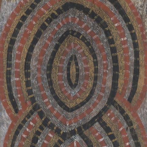A work of concentric ovals in natural pigments on eucalyptus bark by Deaf Tommy Mungatopi
