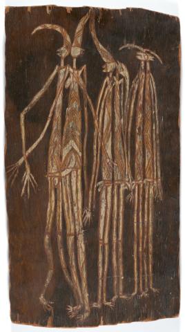 Artwork Untitled (six mimihs copulating) this artwork made of Natural pigments on eucalyptus bark, created in 1953-01-01