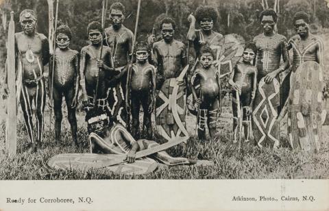 Artwork Ready for Corroboree, N.Q. this artwork made of Postcard: Black and white photographic print, created in 1895-01-01