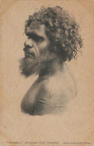 Artwork “Narimboo” Aboriginal Chief, Australia this artwork made of Postcard: Black and white photographic print, created in 1895-01-01