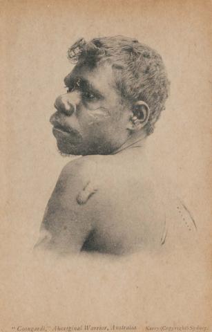 Artwork “Coongardi” Aboriginal warrior, Australia this artwork made of Postcard: Black and white photographic print