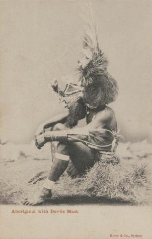 Artwork Aboriginal with Devil's Mask this artwork made of Postcard: Black and white photographic print