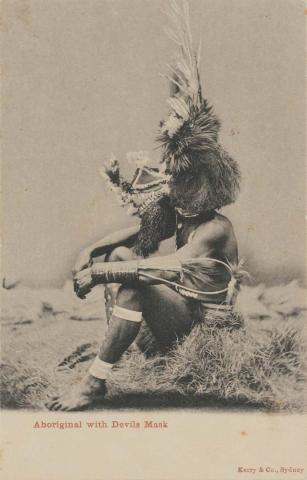 Artwork Aboriginal with Devil's Mask this artwork made of Postcard: Black and white photographic print