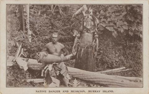 Artwork Native dancer and musician, Murray Island this artwork made of Postcard: Black and white photographic print, created in 1895-01-01