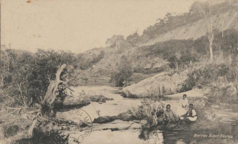Artwork Barron River, Cairns (with three Indigenous figures) (from 'Shell Series: Queensland scenery, rivers and creeks, series 1') this artwork made of Postcard: Black and white photographic print, created in 1905-01-01