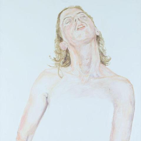 A detail view of an oil portrait of a person with long wavy blond hair; their head, shoulders and arms are seen, but their torso appears to dissolve away.