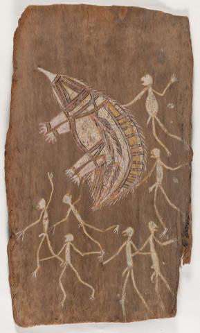Artwork Mimihs hunting echidna this artwork made of Natural pigments on eucalyptus bark, created in 1960-01-01