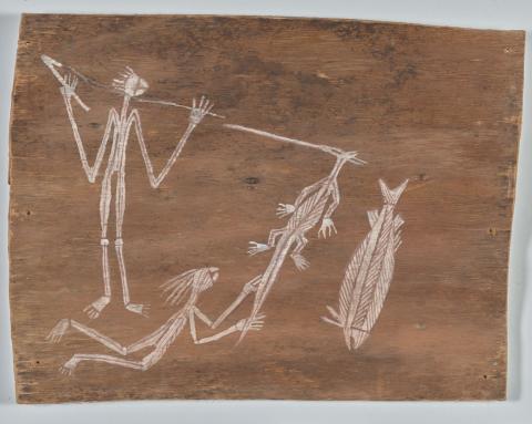 Artwork Mimih hunting goanna and fish this artwork made of Natural pigments on eucalyptus bark, created in 1961-01-01
