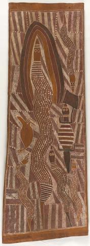 Artwork Yulengor (Rainbow Serpent) at Mirrarmina this artwork made of Natural pigments on eucalyptus bark