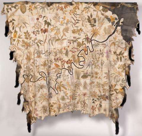 Artwork Skin Country this artwork made of Ochre, charcoal, wax thread and pyroincision on Eastern grey possum skins, created in 2018-01-01
