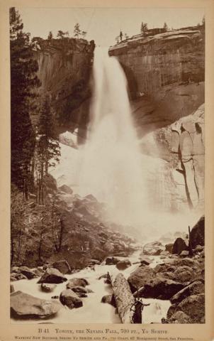 Artwork Yowiye, The Nevada Fall, 700ft., Yosemite this artwork made of Albumen photograph on paper, created in 1879-01-01