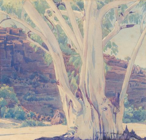 Artwork Ghost Gums, Finke River Valley, James Range this artwork made of Watercolour and pencil on paper, created in 1945-01-01