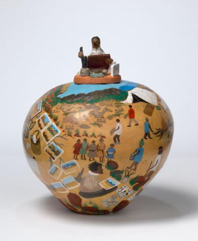 Artwork Albert Namatjira this artwork made of Earthenware, hand-built terracotta clay with underglaze colours and applied decoration, created in 2017-01-01