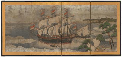 Artwork Four-fold screen: Trading ship of the Dutch East India Company in Nagasaki Bay this artwork made of Opaque watercolour, ink and pigments on a silver-leaf ground and paper, on four-panel lacquer framed screen with brocade, created in 1868-01-01