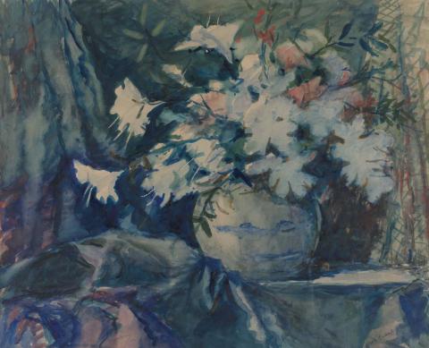 Artwork Still life, white flowers this artwork made of Watercolour on paper, created in 1940-01-01
