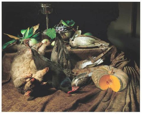 Artwork Possum with five birds (from ‘Australiana still life’ series) this artwork made of Archival pigments on cotton paper, created in 2003-01-01