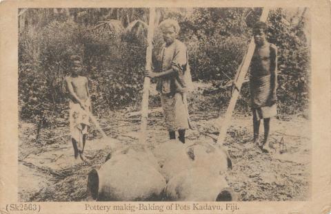 Artwork Pottery making - Baking of pots, Kadavu, Fiji this artwork made of Carte de visite, postcard, created in 1885-01-01