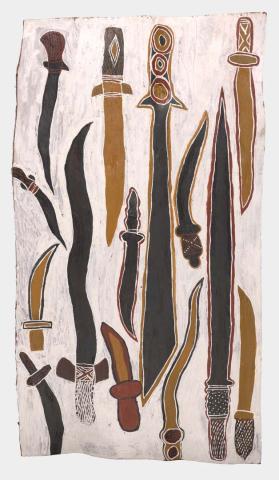 Artwork Macassan swords and long knives this artwork made of Natural pigments on bark, created in 2020-01-01