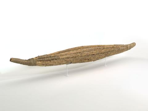 Artwork Ningher (reed canoe) this artwork made of Reeds (Phragmites australis) and hand-rolled string made from seagrass cord and jute twine; wood, created in 2020-01-01