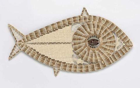 Artwork Ek (fish) this artwork made of Teneriffe needlework: coconut fibre and rib, pandanus leaf and cowrie shells (Cypraea), created in 2021-01-01