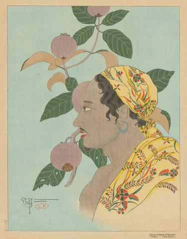 Artwork Homme de Menado et mangoustans. Célébes (Menado man and mangosteen. Celebes), [Sulawesi, Indonesia] this artwork made of Colour woodblock print on paper, created in 1935-01-01