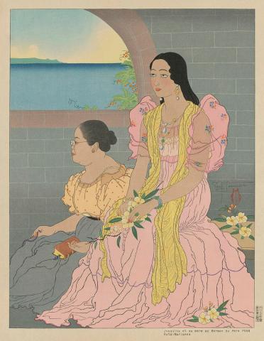 Artwork Joaquina et sa mere au sermon du Pere Pons. Rota: Marianes (Joaquina and her mother at the sermon by Father Pons. Rota: Marianas) [Northern Mariana Islands] this artwork made of Colour woodblock print on paper, created in 1947-01-01