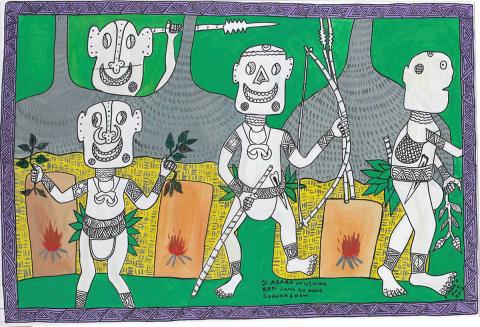 Artwork Asaro mudmen ready for Goroka show this artwork made of Synthetic polymer paint on canvas, created in 2017-01-01