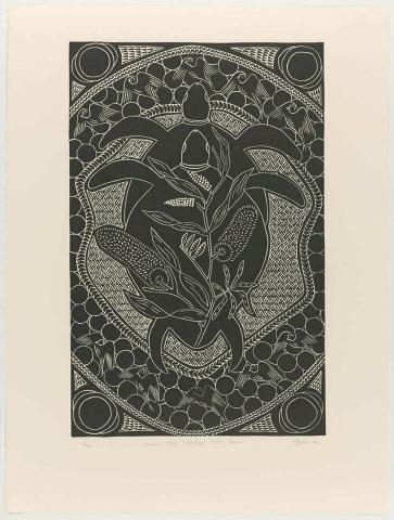 Artwork Gargarrau kosah - Yadphalgyak solaulau thonarr (Eucalyptus flowers - Tells of mating turtle season) this artwork made of Linocut on paper, created in 2016-01-01
