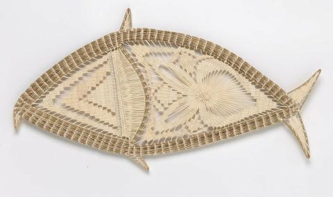 Artwork Ek (fish) this artwork made of Teneriffe needlework: coconut fibre and rib, pandanus leaf and cowrie shells (Cypraea), created in 2021-01-01
