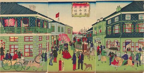 Artwork View of trading companies at Yokohama this artwork made of Woodblock print, ink and colour on paper, created in 1871-01-01