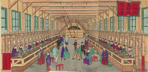 Artwork Silk mill at Kanazawa, Kaga Province this artwork made of Woodblock print, ink and colour on paper, created in 1869-01-01
