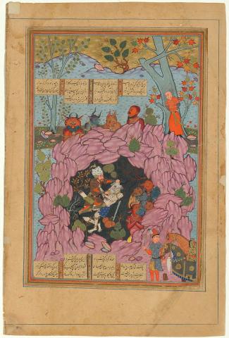 Artwork Rustam battles the white demon (illustration from the Shahnameh)  this artwork made of Opaque watercolour and gold on paper, created in 1550-01-01