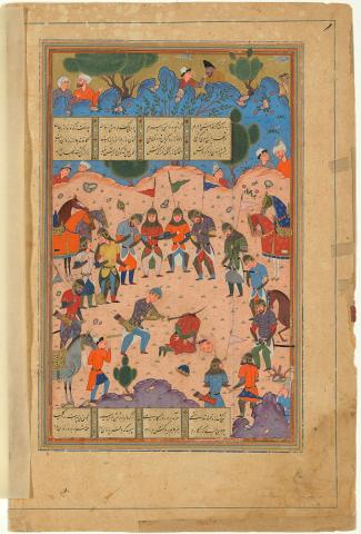 Artwork Execution on the battlefield (illustration from the Shahnameh)  this artwork made of Opaque watercolour and gold on paper, created in 1550-01-01