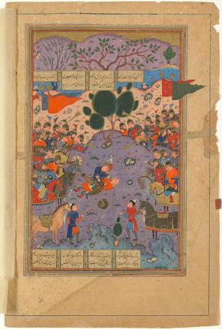 Artwork Kai Khosrow defeating Afrasiab with their duelling armies (illustration from the Shahnameh) this artwork made of Opaque watercolour and gold on paper, created in 1550-01-01