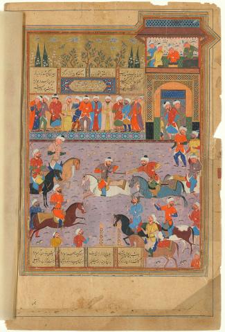 Artwork A battle on the polo field (illustration from the Shahnameh)  this artwork made of Opaque watercolour and gold on paper, created in 1550-01-01