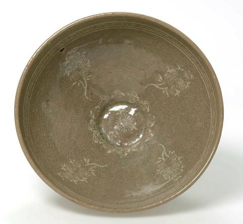 Artwork Celadon bowl with pomegranate and chrysanthemum designs  this artwork made of Stoneware with celadon glaze